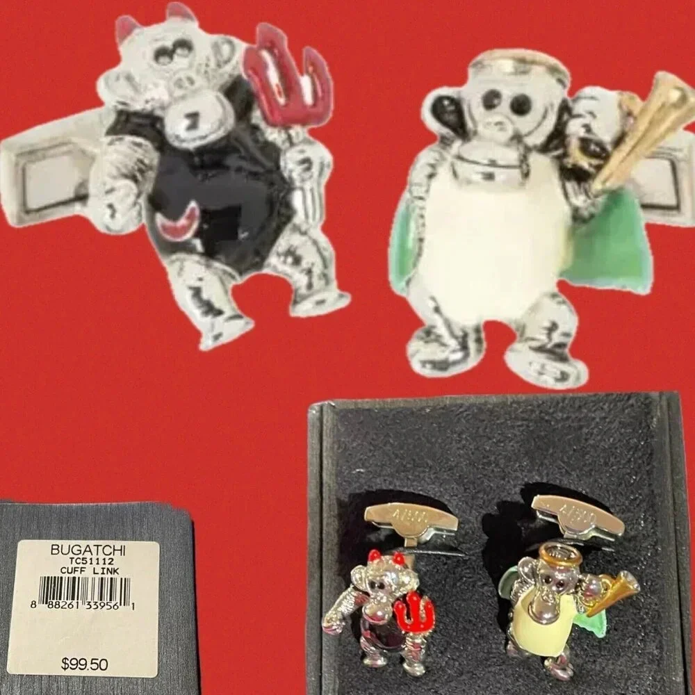 Bugatchi Logo Silver Multi-Color Enamel Monkey Devil & Monkey Angel Cuff Links