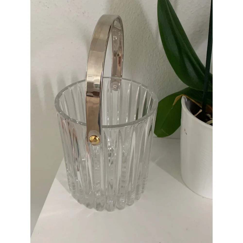 Vintage Ribbed Crystal Glass Ice Bucket with Silver Swing Handle Clear Fluted