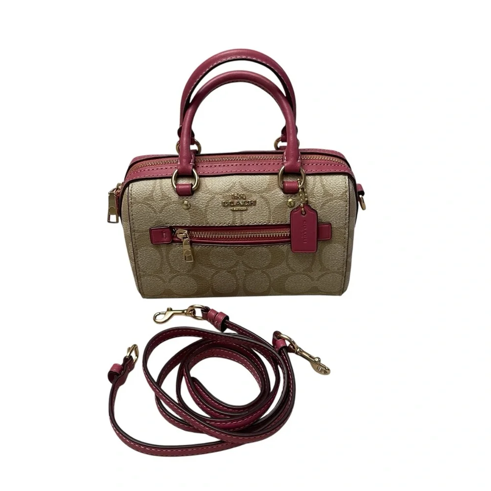 Coach Mini Rowan Signature Tan Canvas Pink Rogue Leather Trim Crossbody Bag