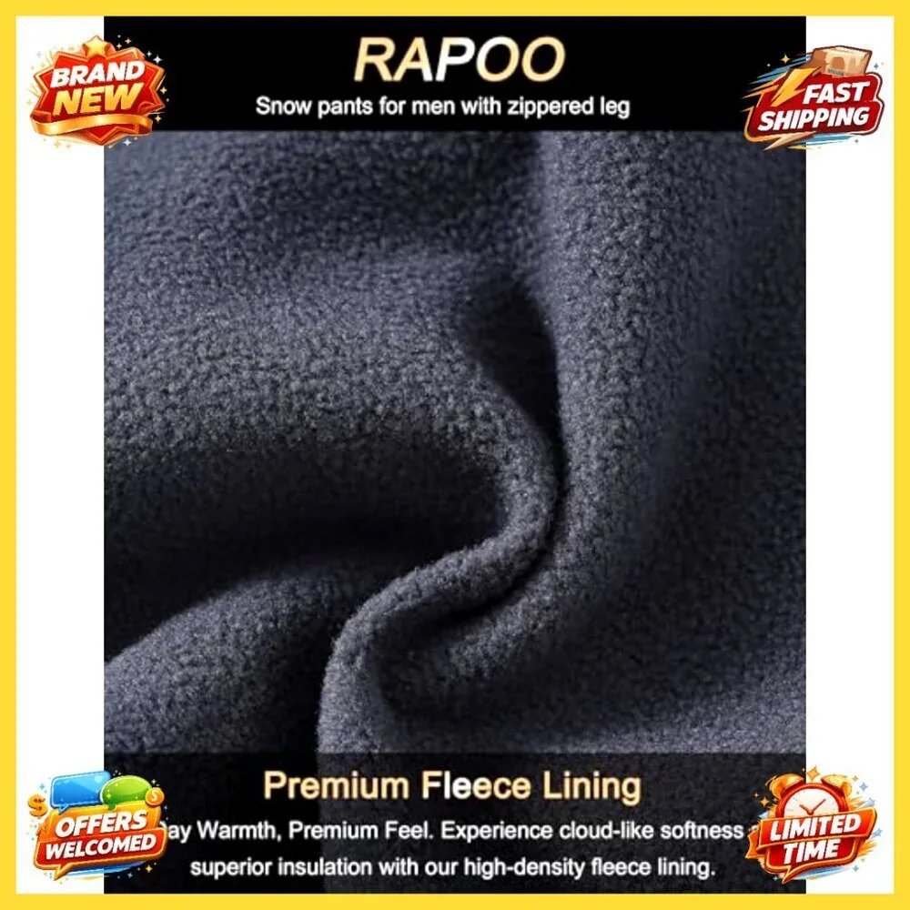 Men's Waterproof Fleece-Lined Ski Pants, Windproof Softshell with Zippered