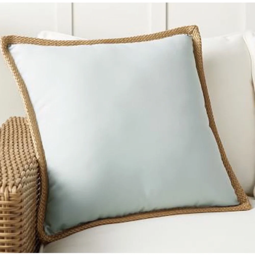 Pottery Barn Blue Linen With Jute Trim Accent Pillow With Feather Insert