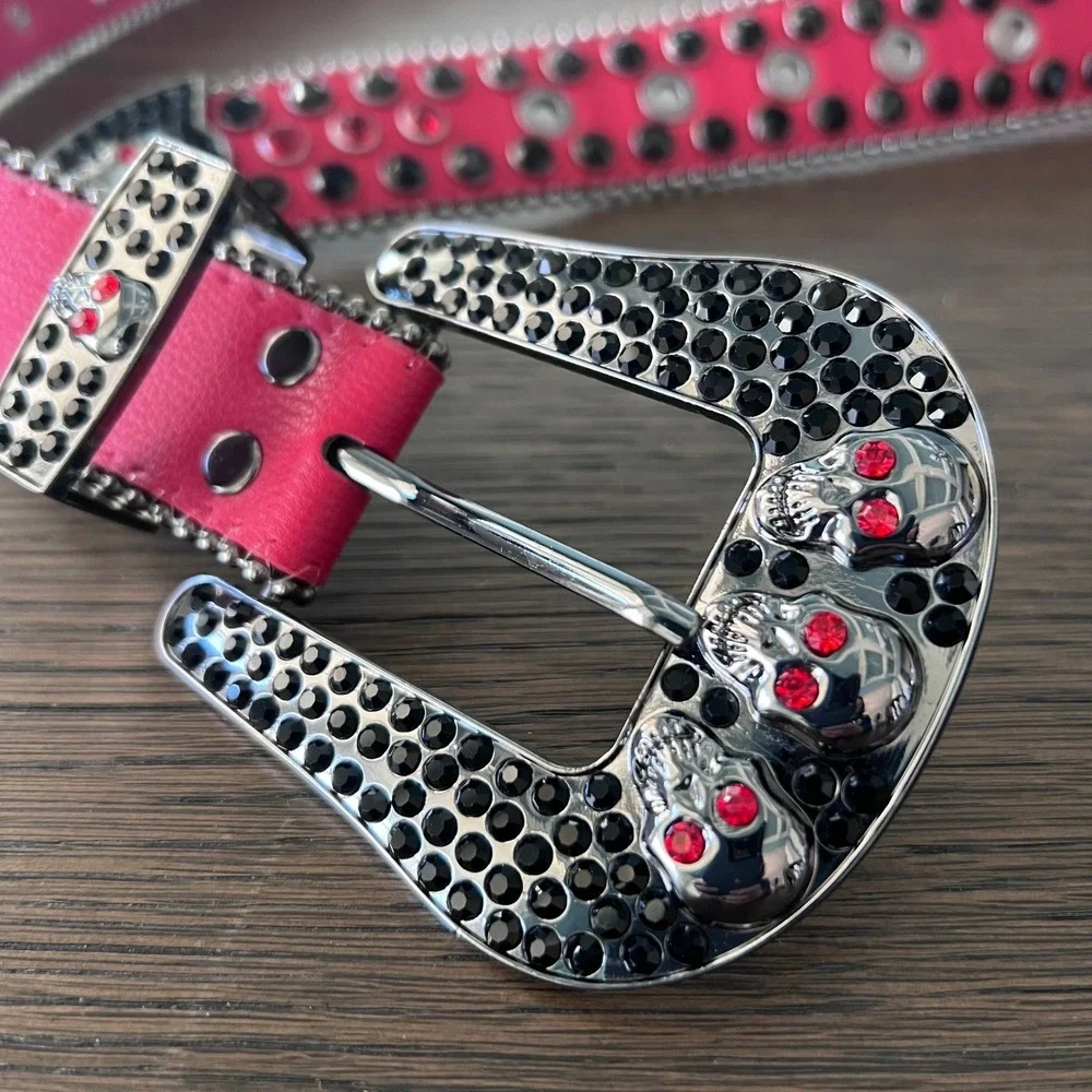 Hot Pink Red Rhinestone Skull Buckle‎ Western Sparkly Belt Women's Belt