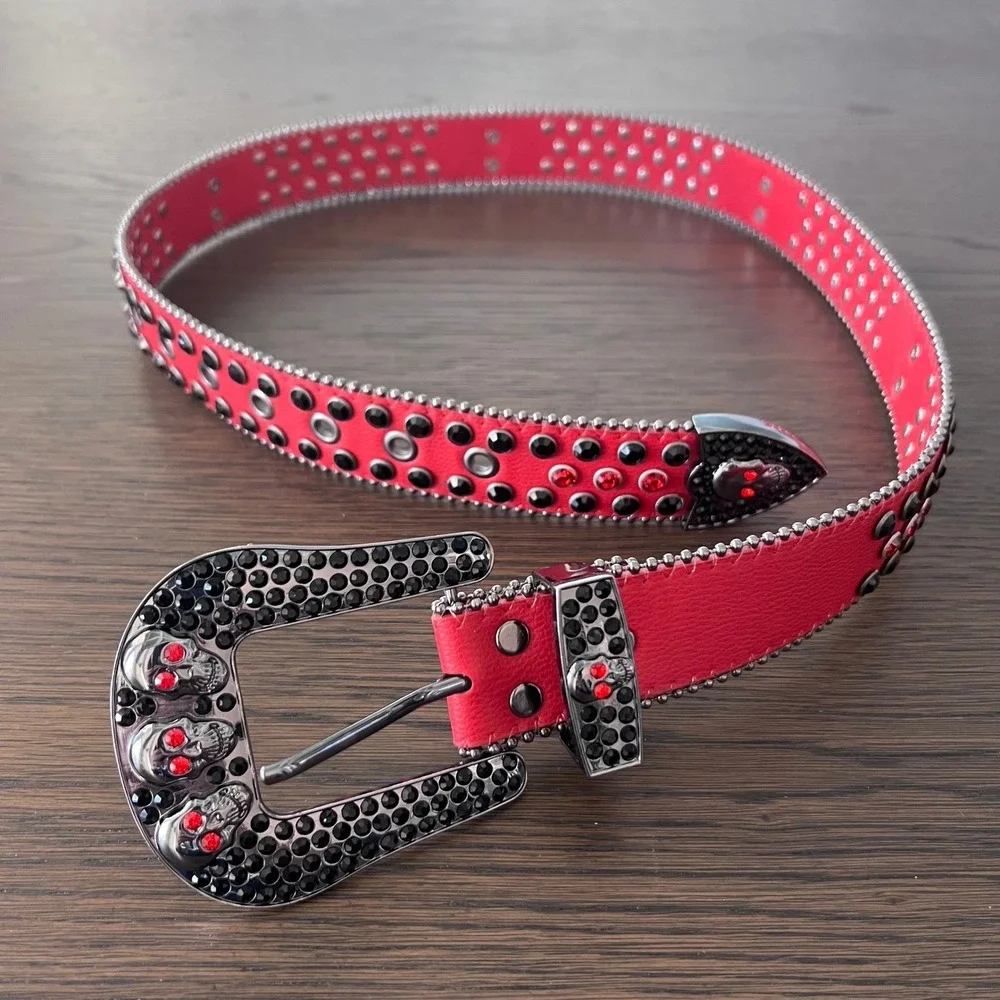 Hot Pink Red Rhinestone Skull Buckle‎ Western Sparkly Belt Women's Belt