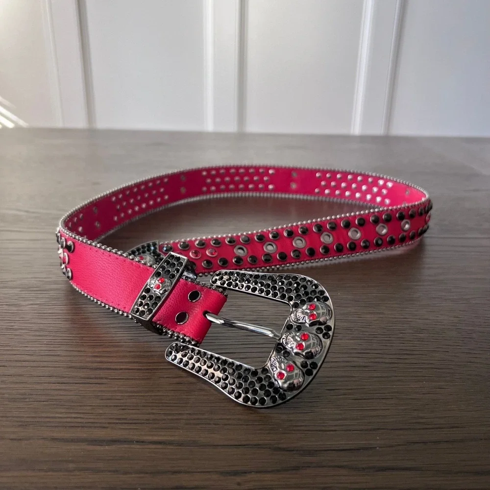 Hot Pink Red Rhinestone Skull Buckle‎ Western Sparkly Belt Women's Belt