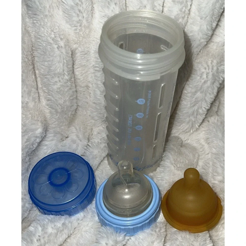 Vintage Playtex Nursery Drop-Ins‎ Bottle Flat Top 8oz Blue 2005 With 2 Nipples