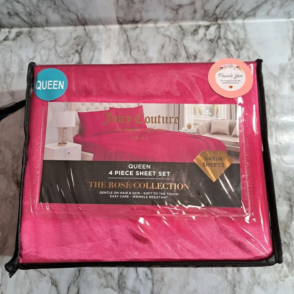 Juicy Couture Queen 4 Piece Sheet Set Fuchsia Wrinkle Resistant Satin Sheets‎