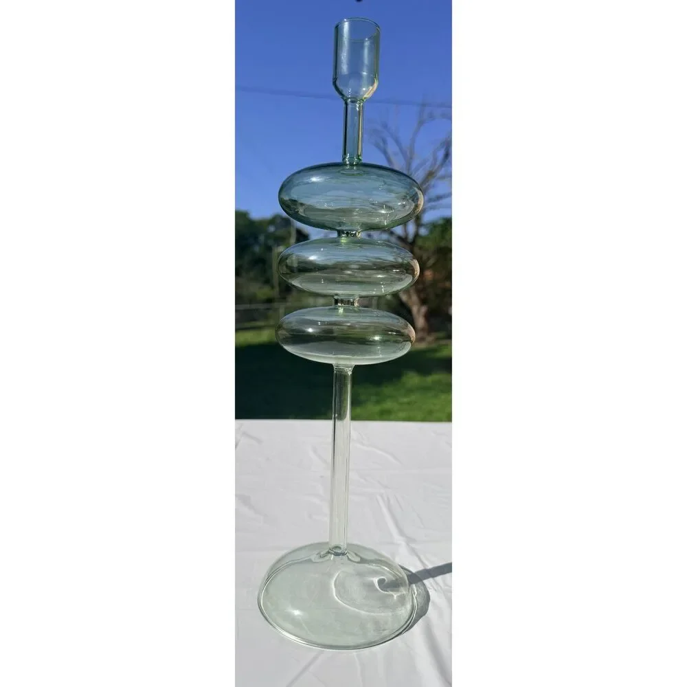 Crate & Barrel Venezia Large Smoke Green Glass Taper Candle Holder 15