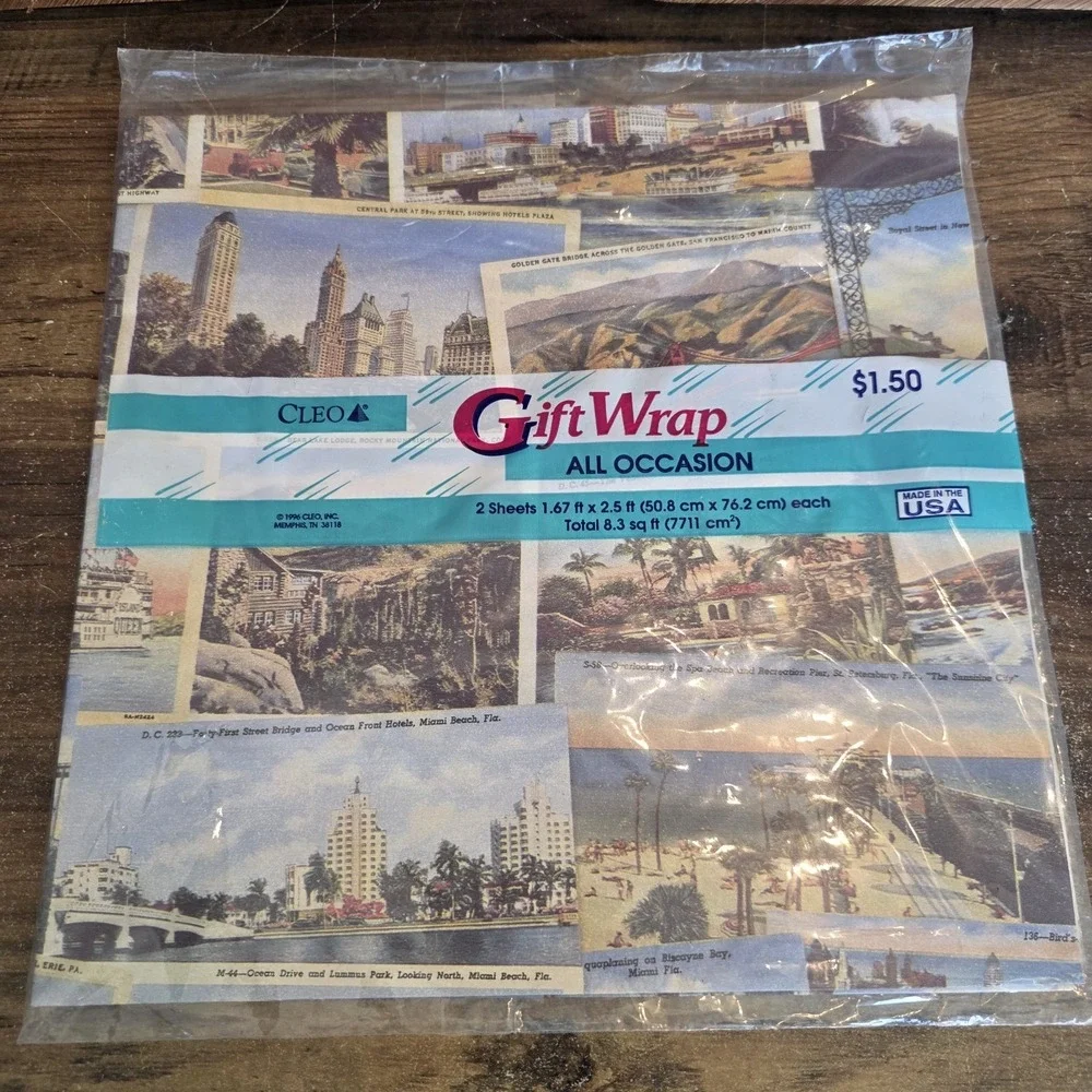 Cleo Gift Wrap All Occasion Destinations NYC‎ Florida 2 Sheets 1.67' x 2.5' 1996