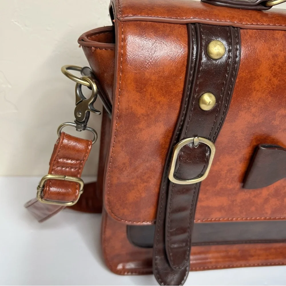 ECOSUSI Vintage Faux Leather Messenger Laptop Bag Satchel Brown with Bow 10x13