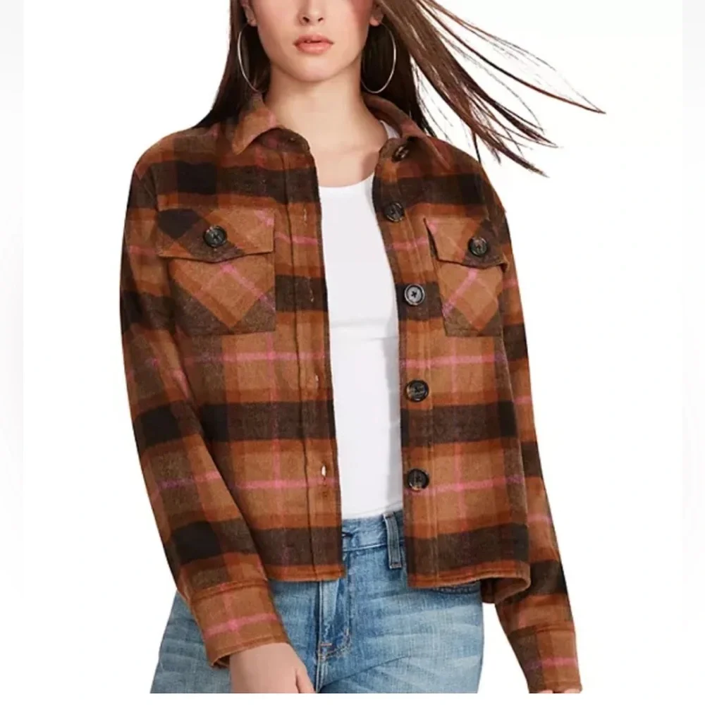 BB Dakota Plaid Jacket Boxy Shacket by Steve Madden Brown Pockets Women’s Size S