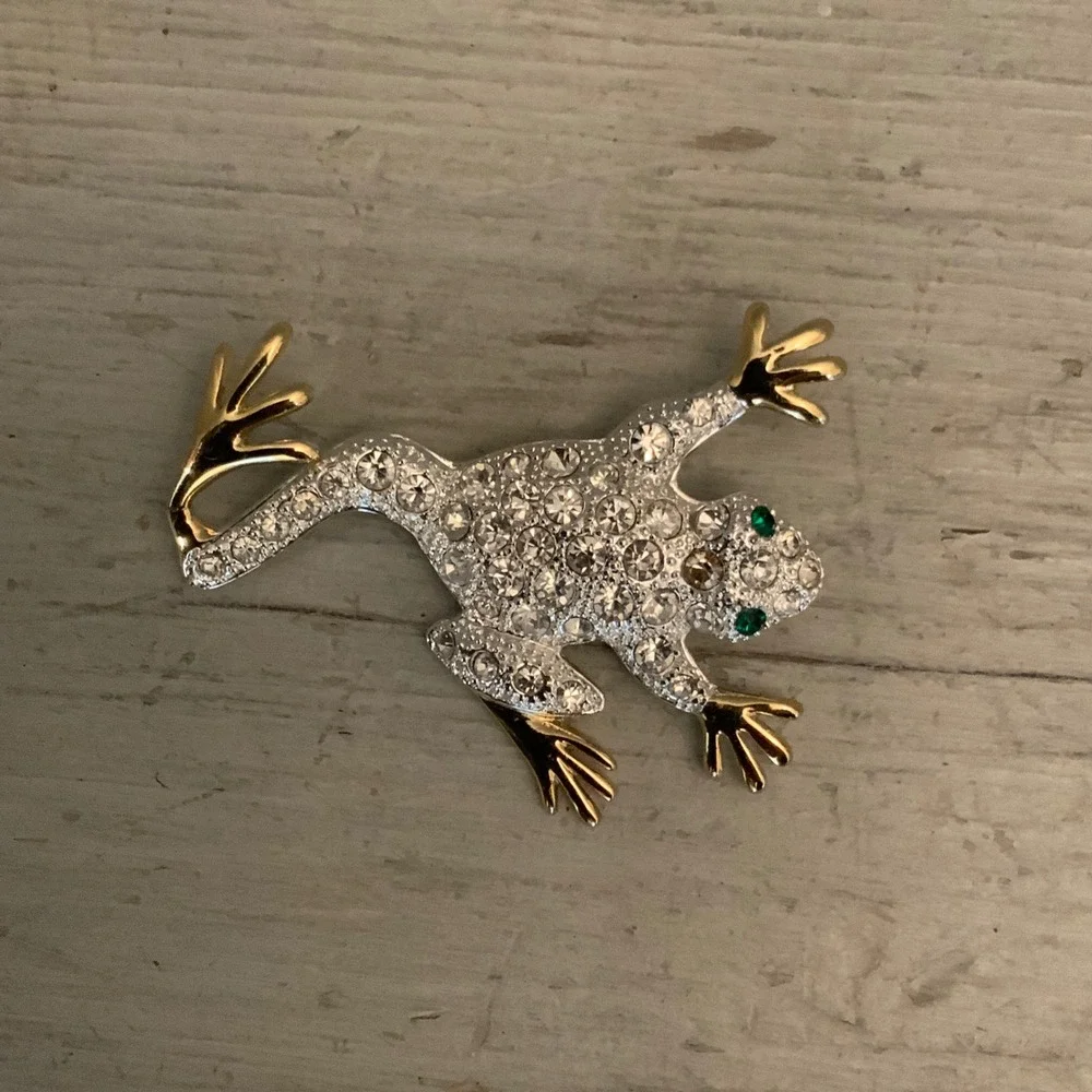 Vintage Silver & Gold Tone Bejeweled Frog Brooch Pin 2.5
