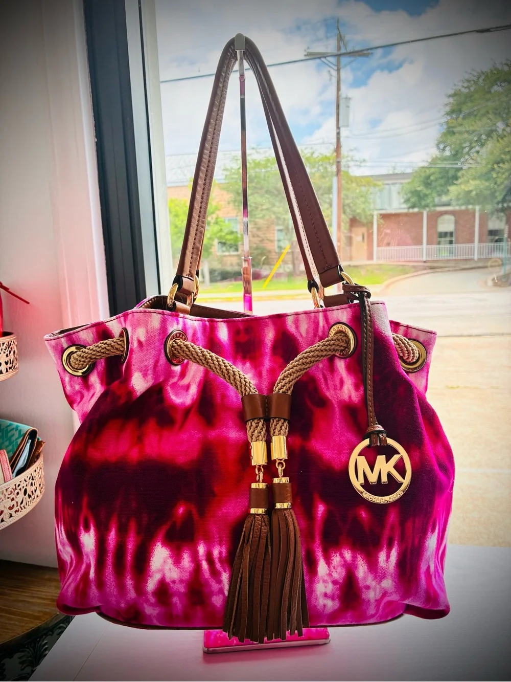Michael Kors Fuchsia Pink Tie-Dye Drawstring Tote with Gold Accents