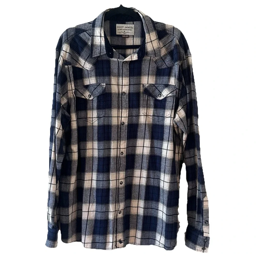 Cody James Blue Ivory Plaid Flannel Western Shirt Pearl Snap Flip Cuff Mens 2XL