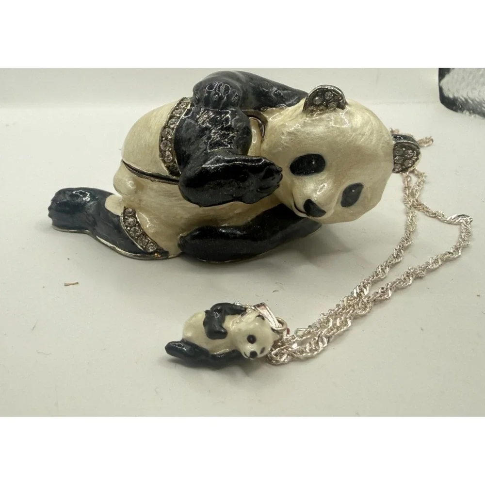 KINGSPOINT Brass Enamel & Crystal Panda Bear Trinket Box & Necklace Set