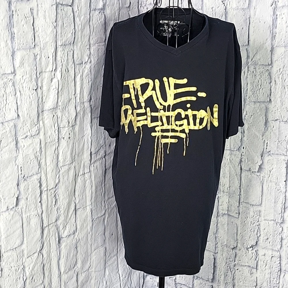 TRUE RELIGION Black and Gold Foil Graffiti Print T Shirt‎ Large