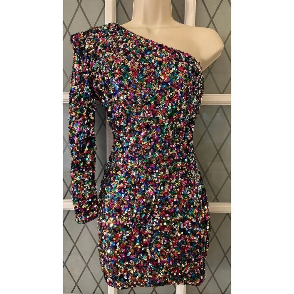 Women’s Sequin One Shoulder Cocktail Party Mini Dress Size XS Stretchy