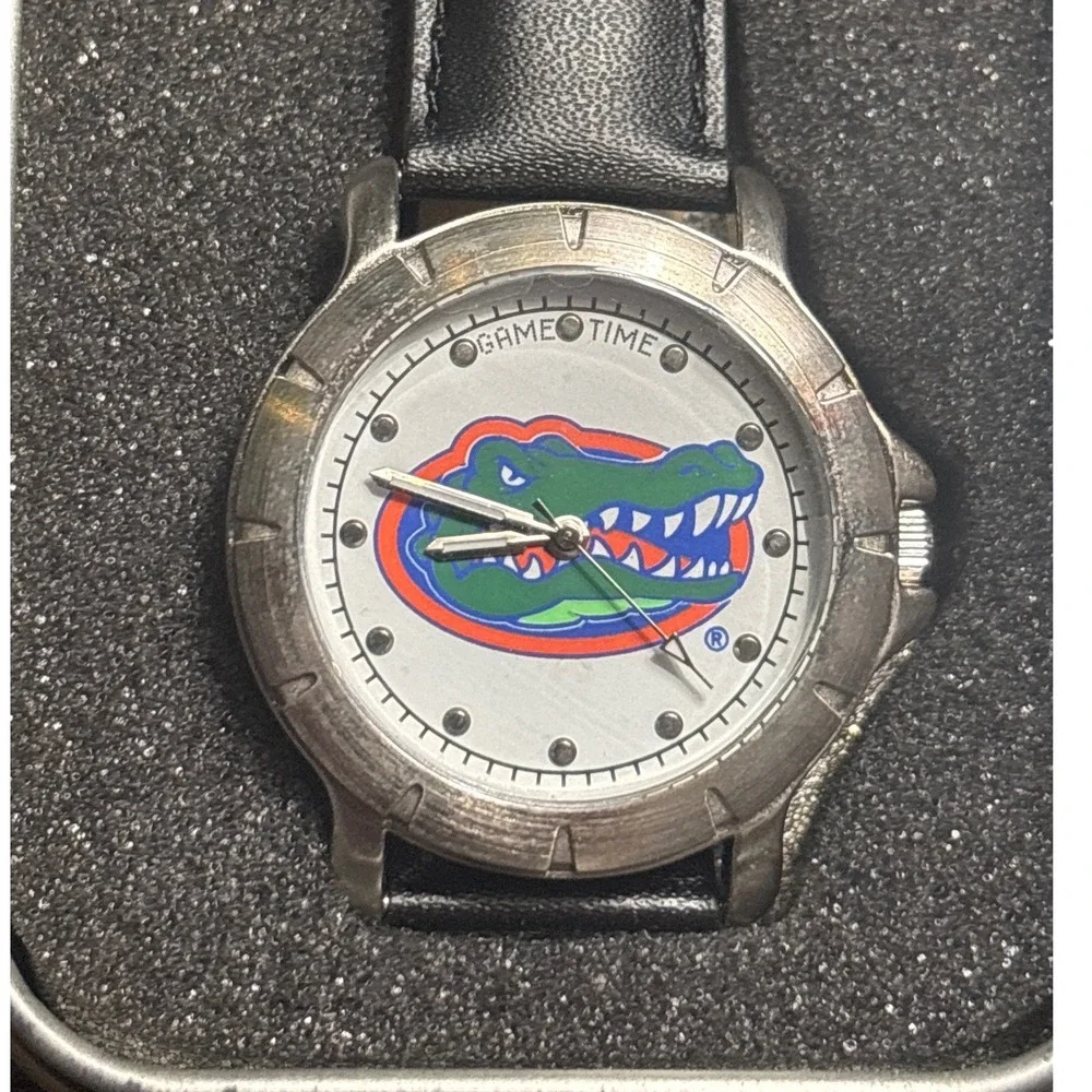 GameTime Florida Gators Men's Watch Black Leather Band Silver Tone Case‎