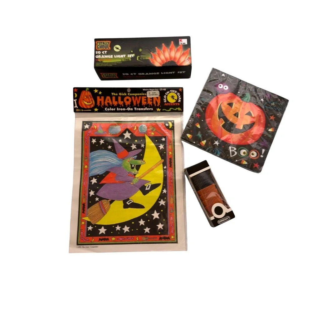Vtg Halloween Party Lot Witch Transfers Napkins Petite Baking Cups Orange Lights