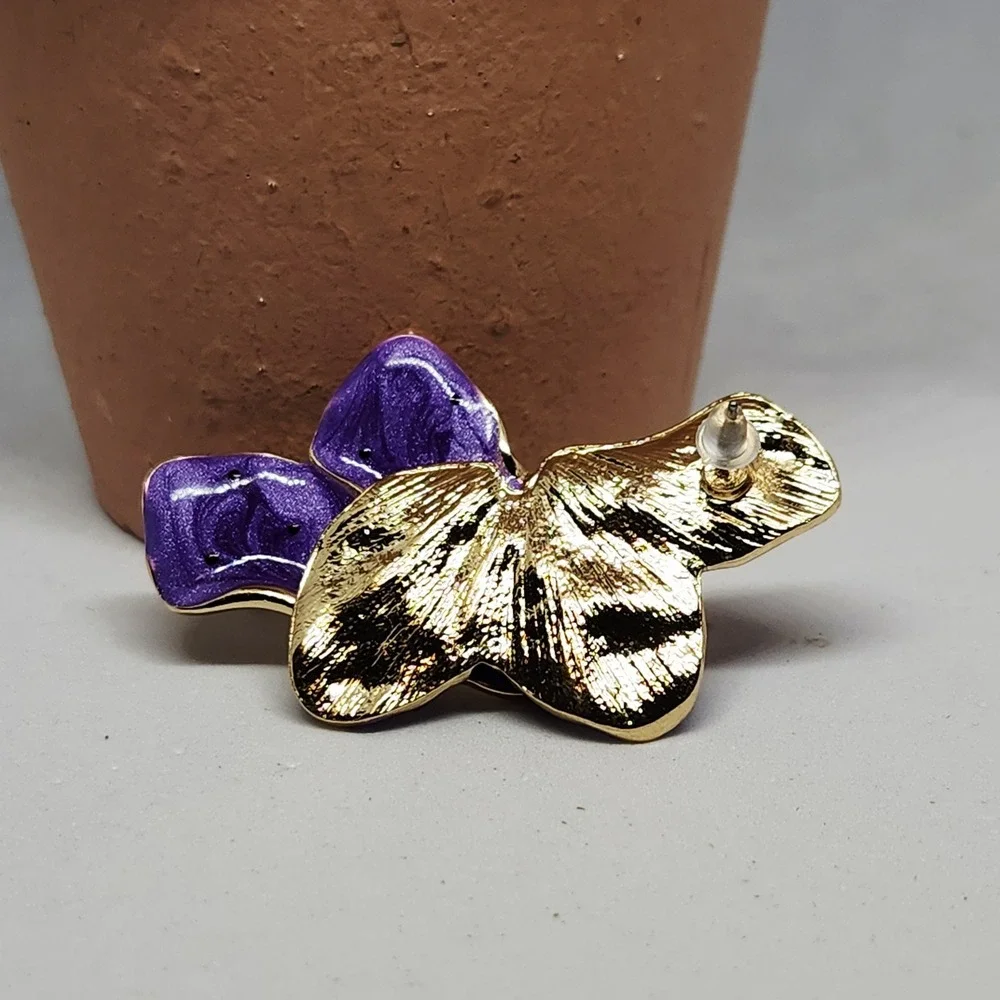 Purple Enamel Abstract Petal‎ Statement Stud Earrings Gold Tone Butterfly Wings