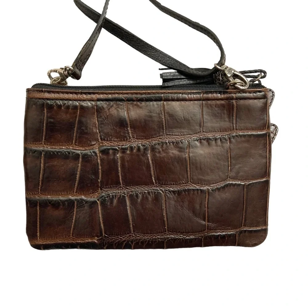 Brighton triple zipper brown embossed leather crossbody bag