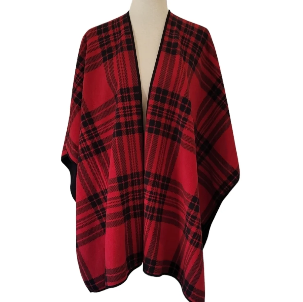Woolrich Red‎ Black Tartan Blanket Shawl Reversible Cape