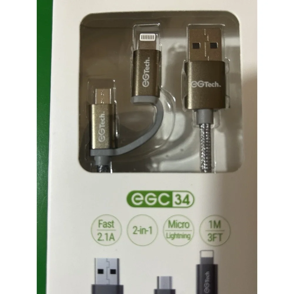 EG Tech 2-in-1 Charging Sync Cable Gray Braided 3 ft 2.1A USB Micro-USB Lighting