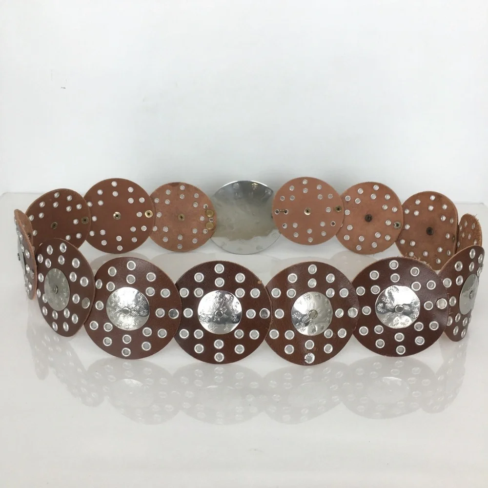 Women’s Bohemian Wide Leather Round Concho Western Belt Brown Silver Grommets