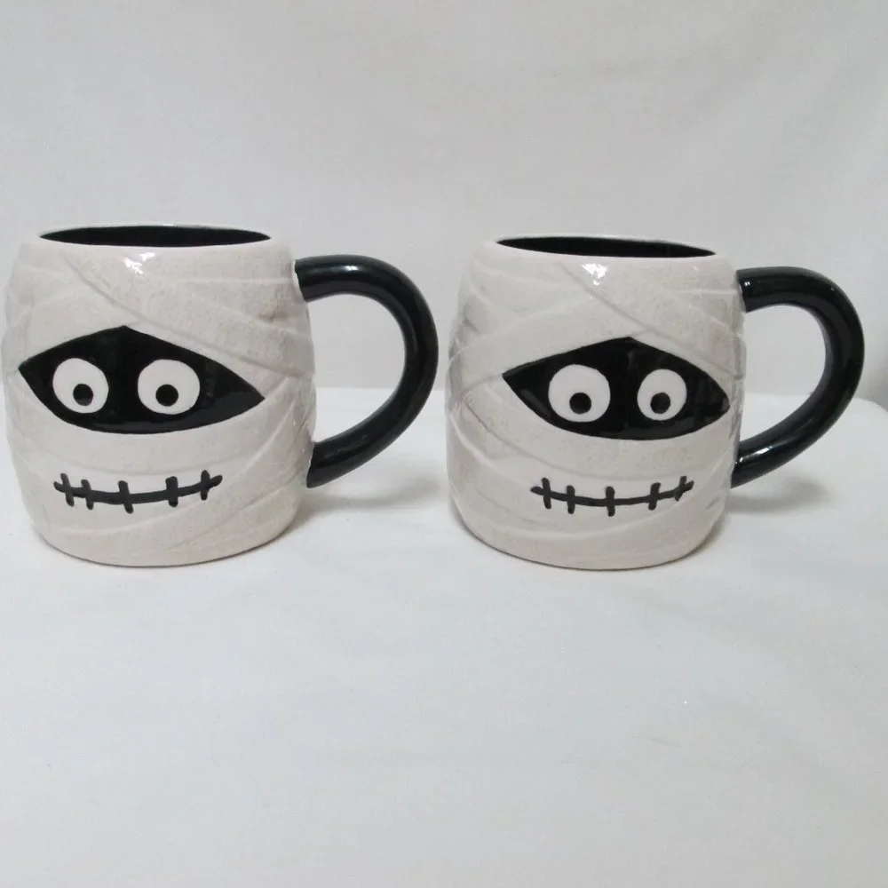 Pier 1 One Ghost Mug Cup Hand Painted Dolomite Halloween Spooky Set 2 dish safe