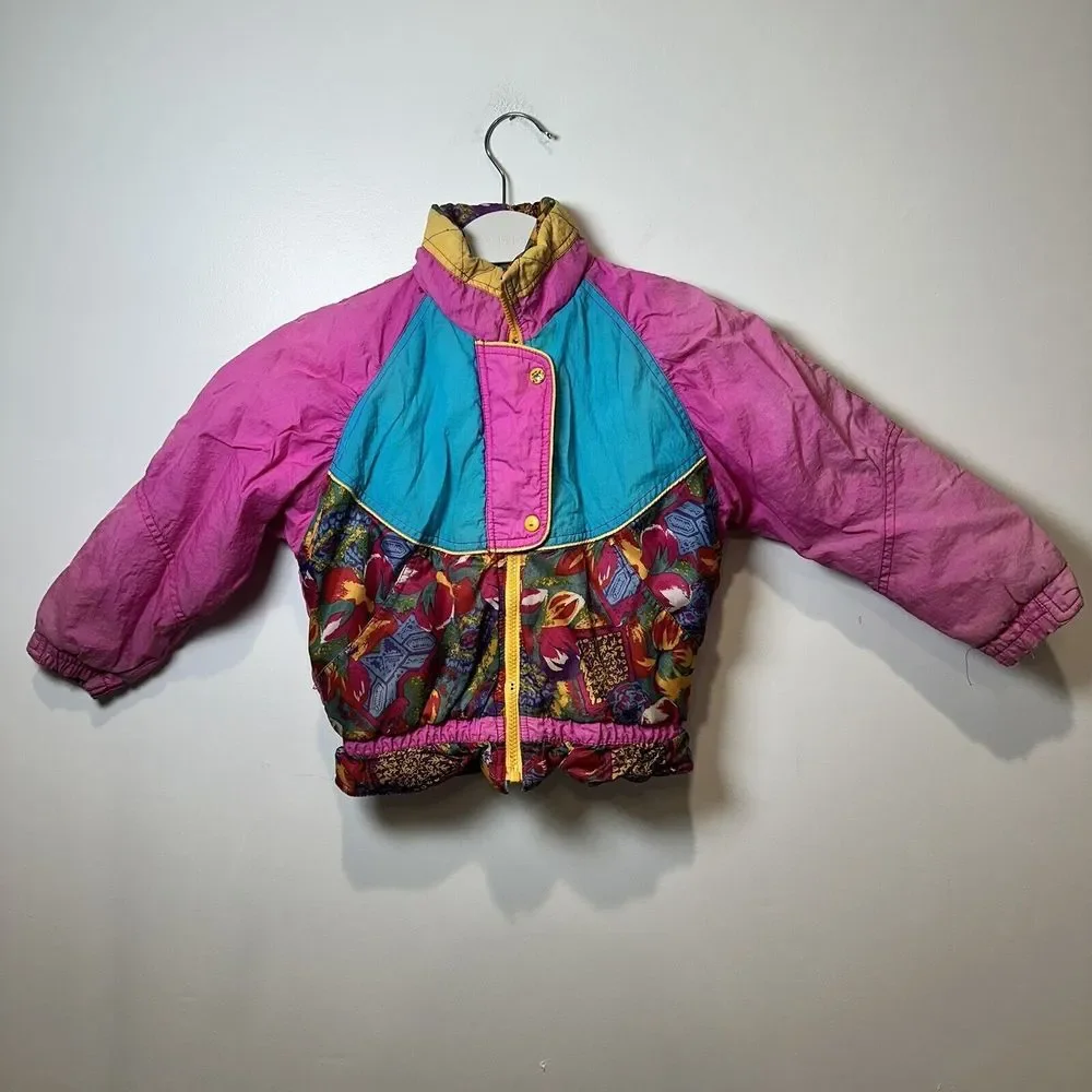 Vintage Kids Puffer Jacket Pink Teal Colorblock Retro 80s 90s Bomber Coat‎