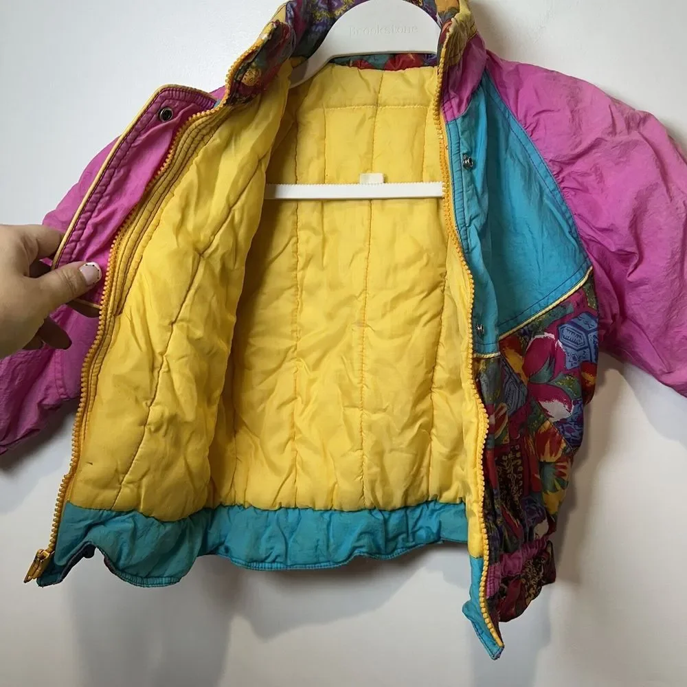 Vintage Kids Puffer Jacket Pink Teal Colorblock Retro 80s 90s Bomber Coat‎