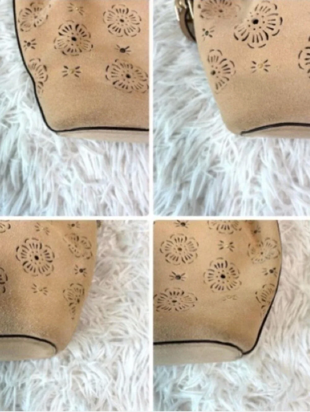 Coach Floral Laser Cut Drawstring Bucket Bag Crossbody Tan Suede Leather