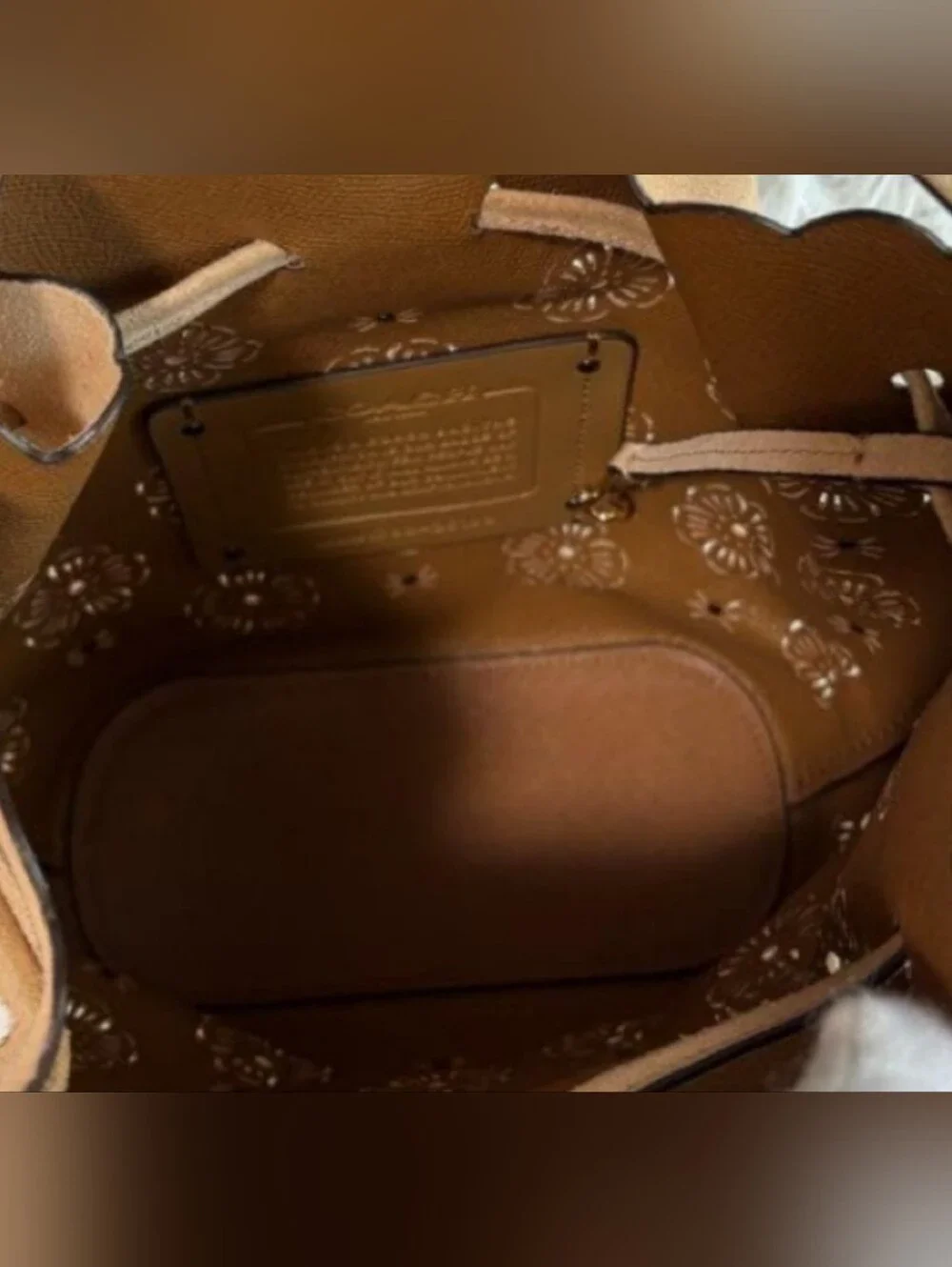 Coach Floral Laser Cut Drawstring Bucket Bag Crossbody Tan Suede Leather