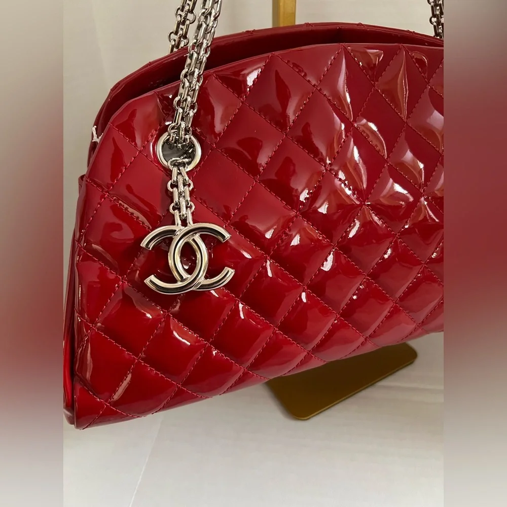 CHANEL Just Mademoiselle Quilted Patent Leather Bowling Bag | Red| Authentic