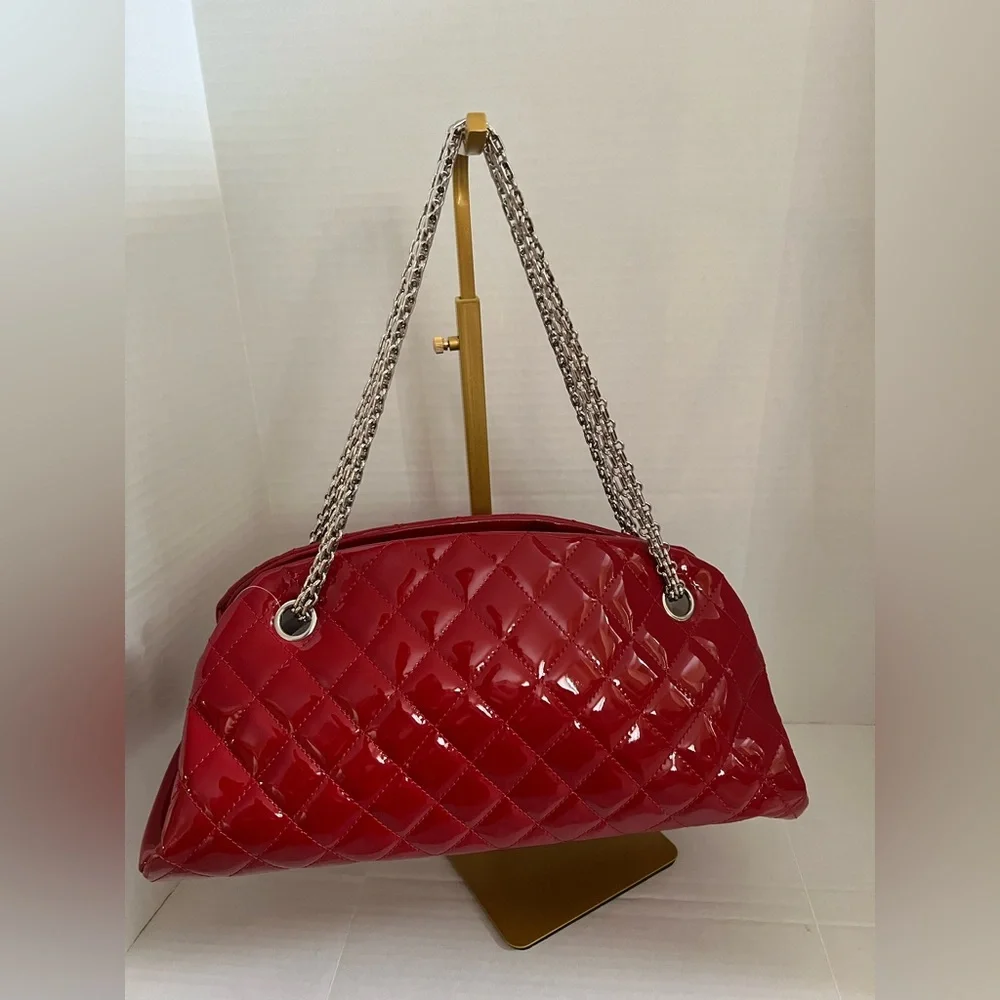 CHANEL Just Mademoiselle Quilted Patent Leather Bowling Bag | Red| Authentic