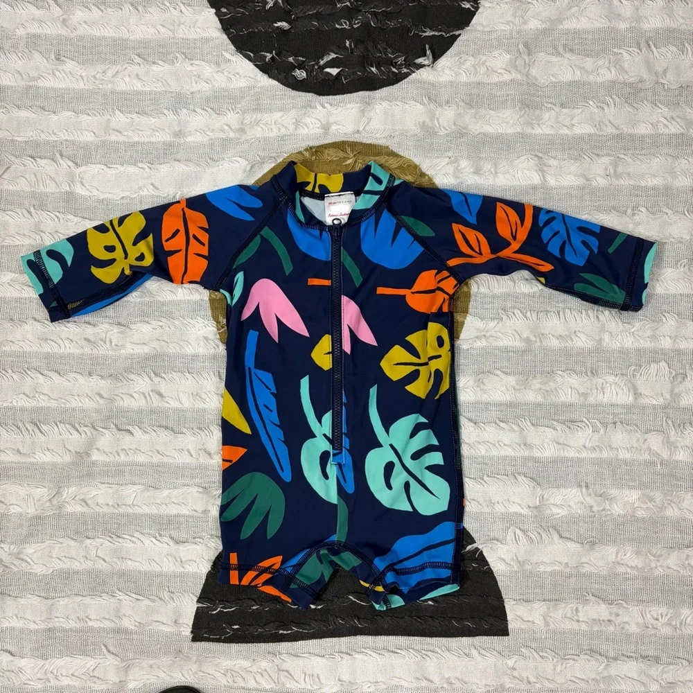 Hanna Andersson Rash Guard Swim Suit Zip Up Unisex Tropical Leaves Sz 3-6 Months