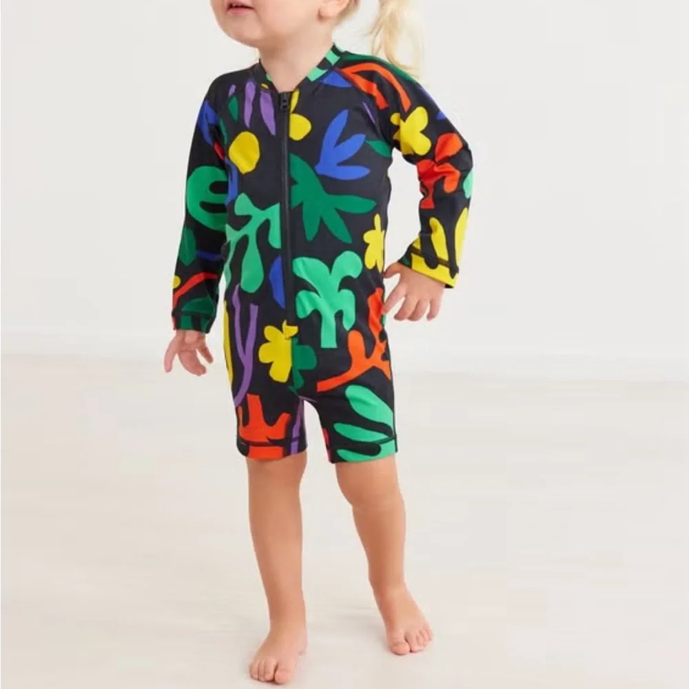 Hanna Andersson Rash Guard Swim Suit Zip Up Unisex Tropical Leaves Sz 3-6 Months