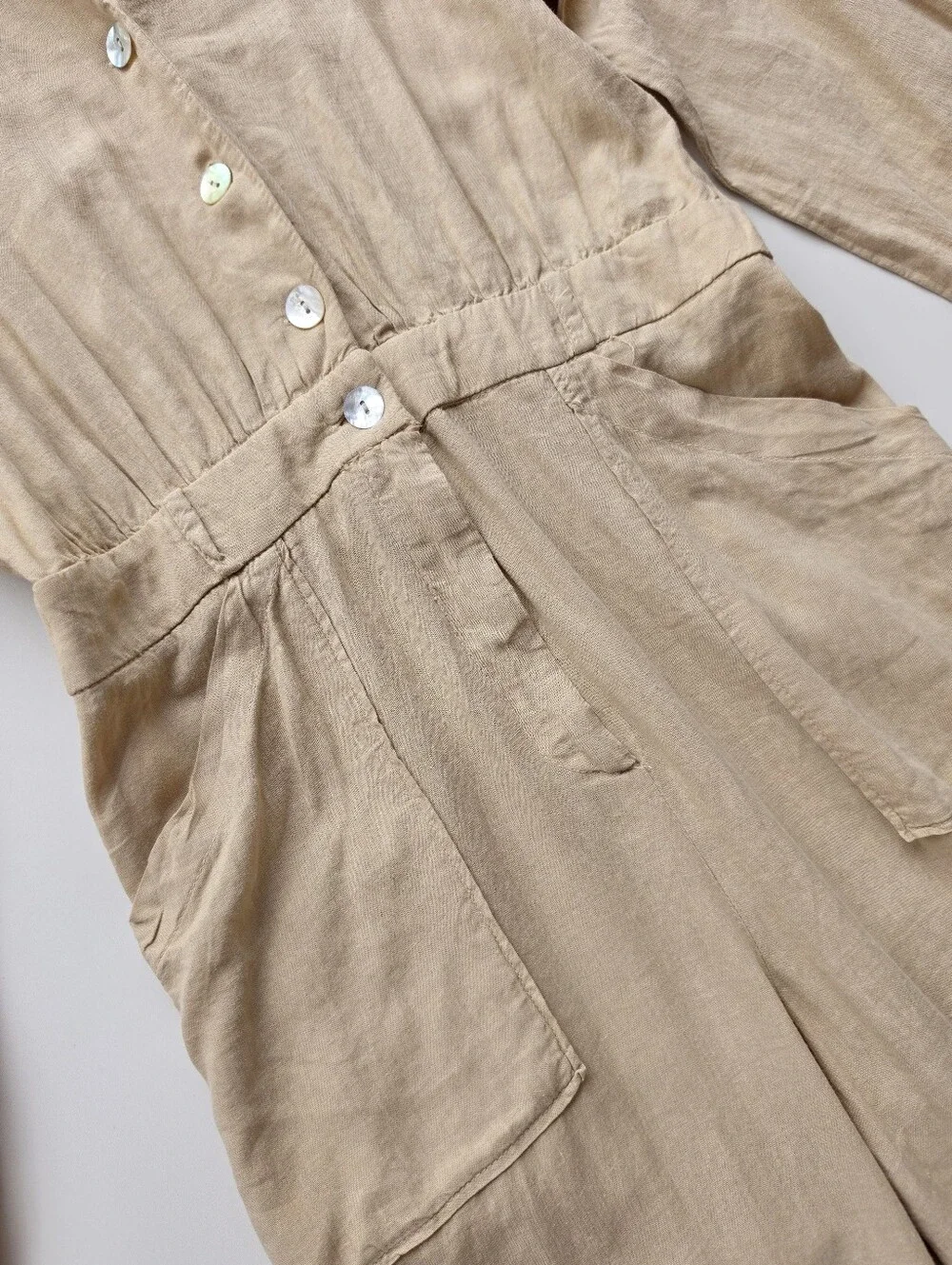 Zara Beige Linen Blend Button Front Collared Wide Leg Jumpsuit