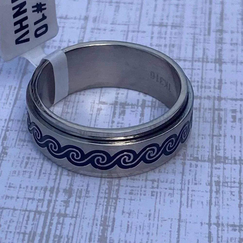 Men’s Spinner Ring Size 10 Stainless Steel Fidget Band Black Wave Design