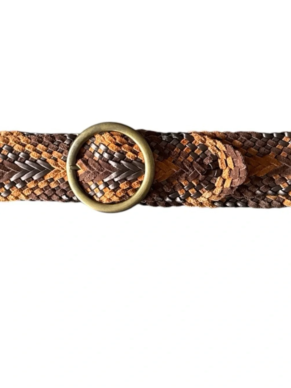 Boho Braided Wide Leather Belt Cognac Multi Brass Buckle Size OS