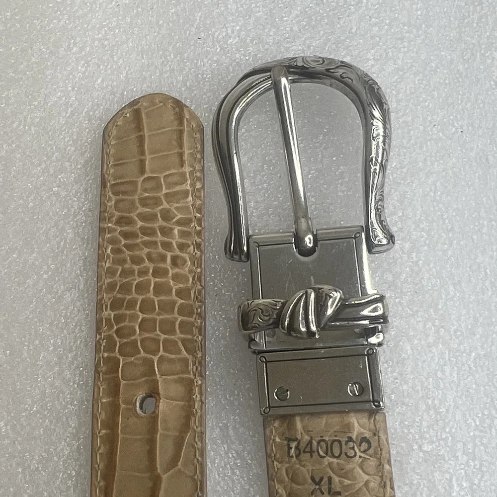 Brighton Leather Croc Embossed White/Beige Belt Ornate Silver Buckle Reversible