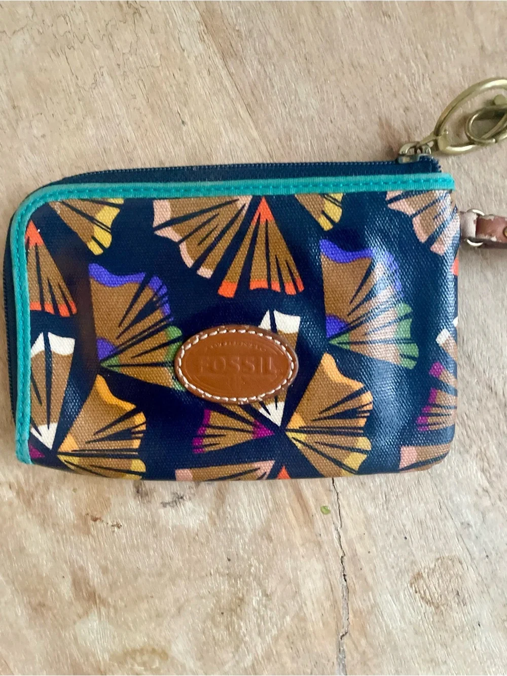 Fossil Key Per Multi Colored Zip Around Wristlet Wallet Clutch 6.5
