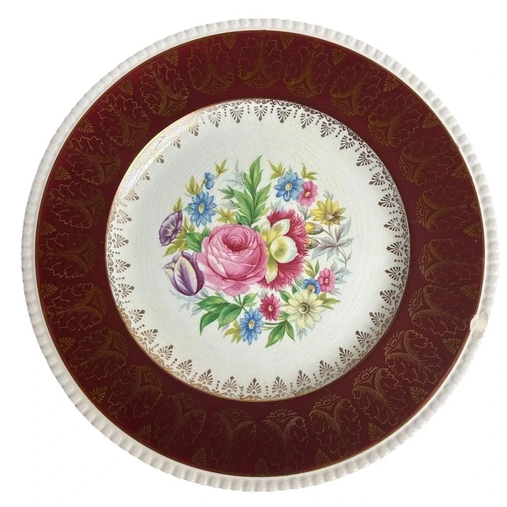 Simpsons Potters Solian Ware Dinner Plates Maroon 777 (4)‎  *crazing, chip