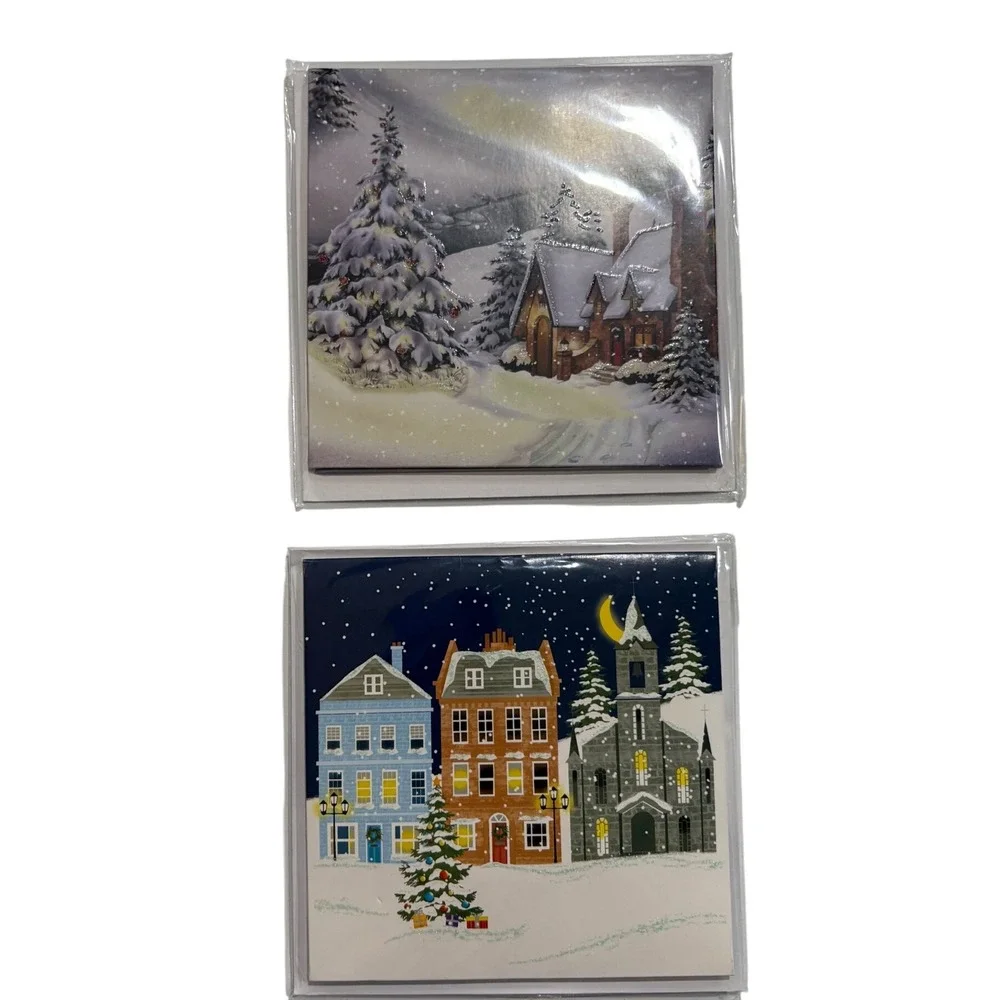 2 Vtg Christmas Pop Up Cards Village‎ Midnight Glow Holiday Winter Decor