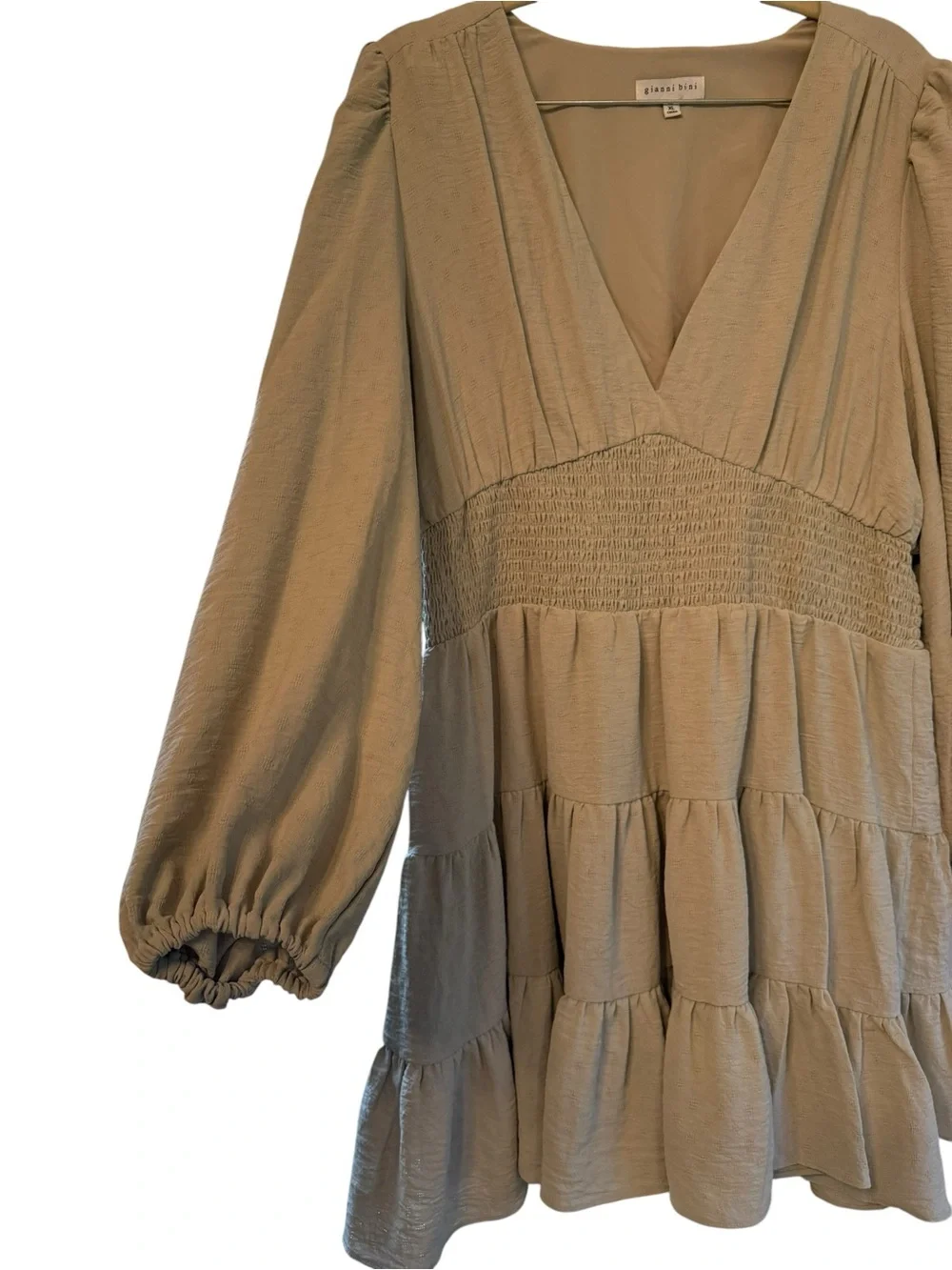 Gianni Bini Talia V-Neck Smocked Tiered Mini Dress Tan Beige XL Long Sleeve