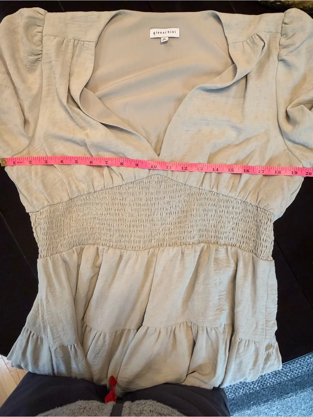 Gianni Bini Talia V-Neck Smocked Tiered Mini Dress Tan Beige XL Long Sleeve