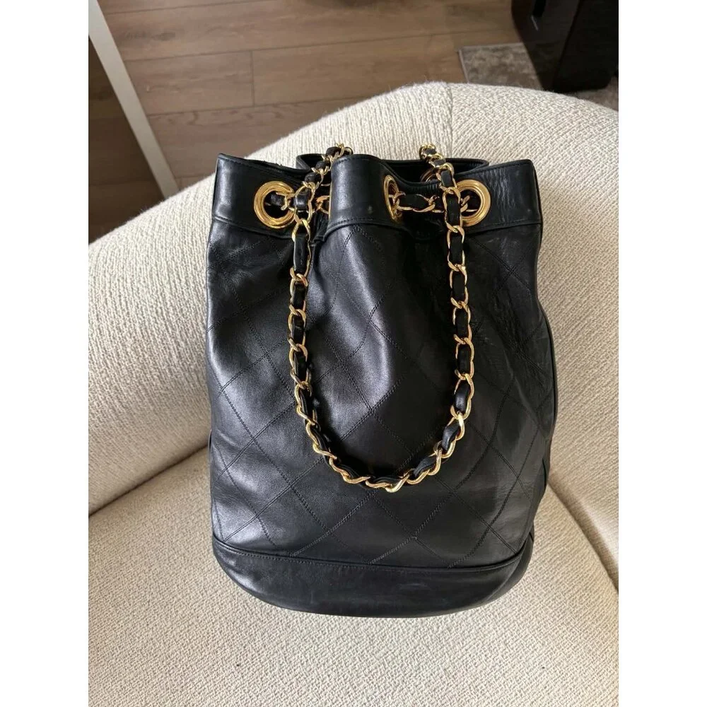 Authentic Vintage Chanel Bucket Bag Black Lambskin 24K Gold Hardware