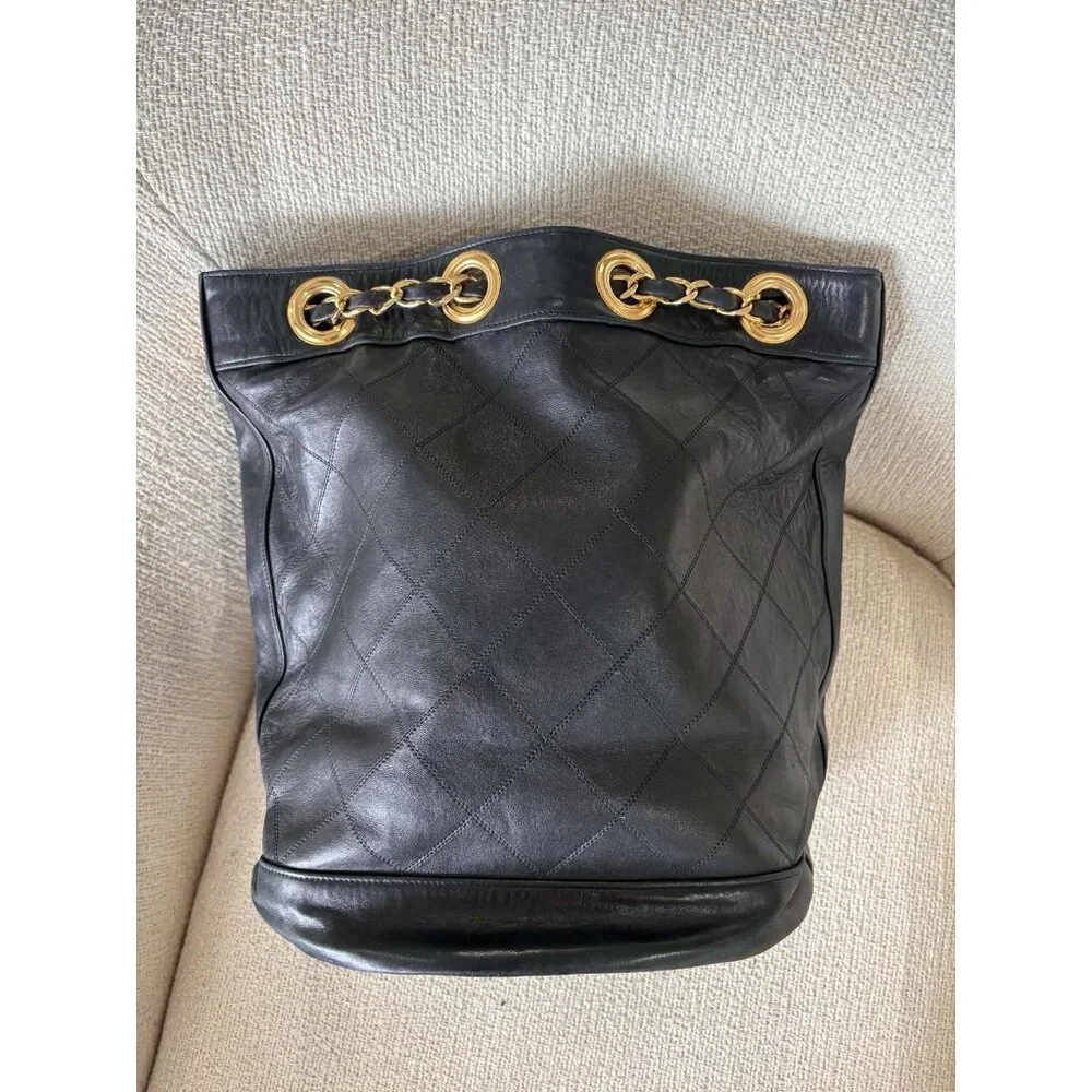 Authentic Vintage Chanel Bucket Bag Black Lambskin 24K Gold Hardware