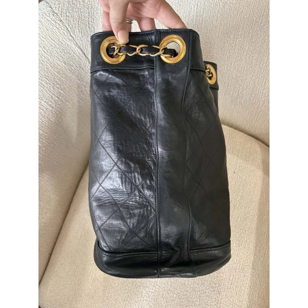 Authentic Vintage Chanel Bucket Bag Black Lambskin 24K Gold Hardware