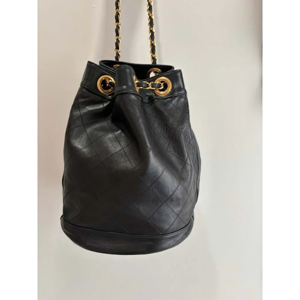 Authentic Vintage Chanel Bucket Bag Black Lambskin 24K Gold Hardware