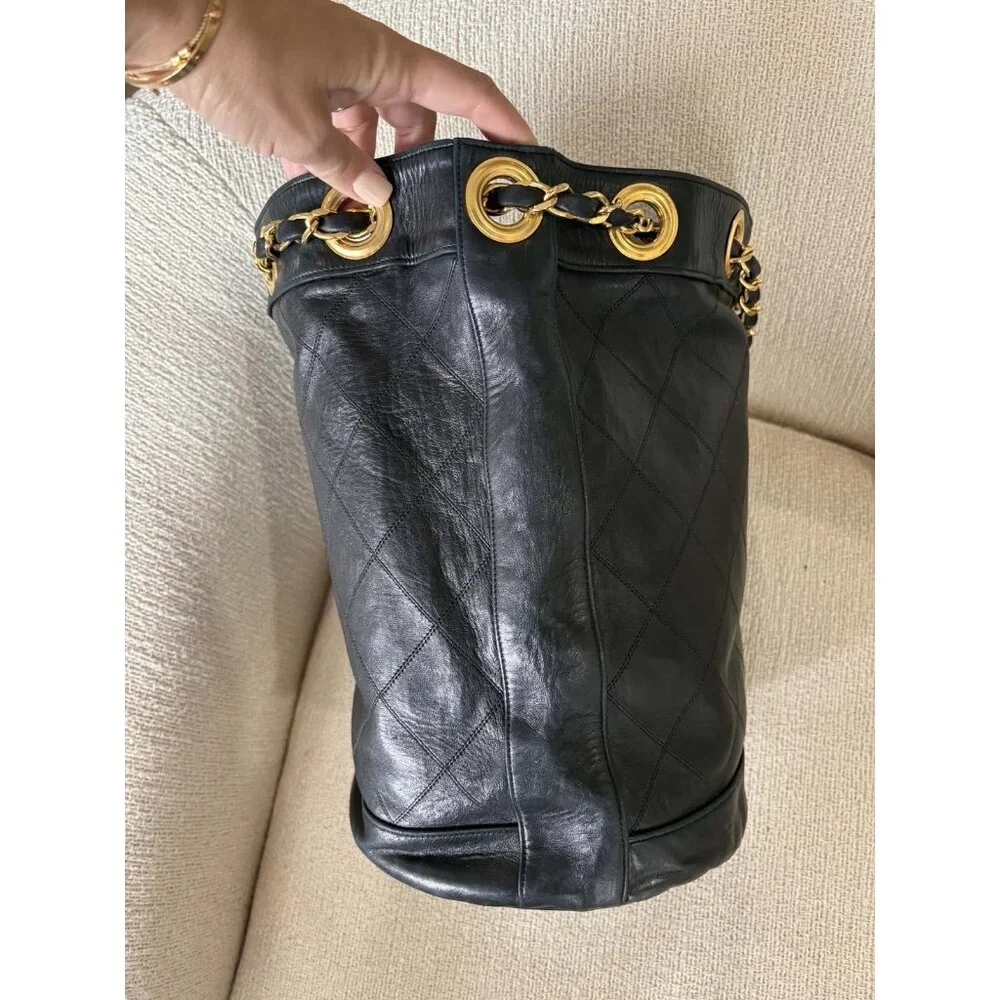 Authentic Vintage Chanel Bucket Bag Black Lambskin 24K Gold Hardware
